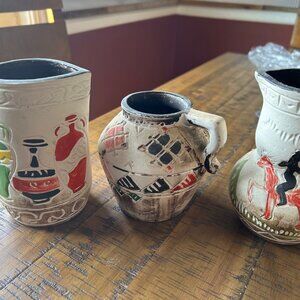 Vintage Hand painted  ceramic small pitchers  Native American style   set of 3